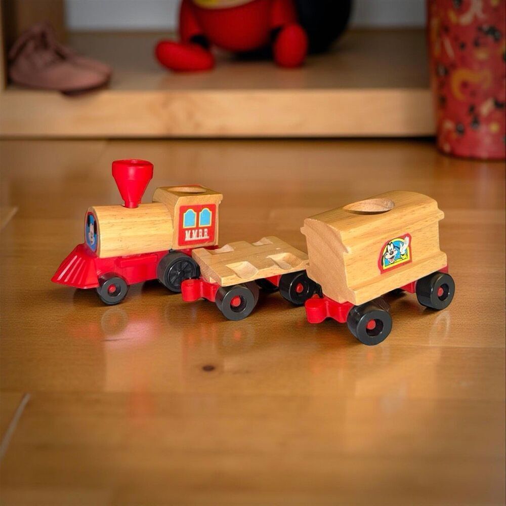 Vintage Mattel Disney Mickey Mouse Rail Road Train Wood & Plastic 3 Pc Set A41